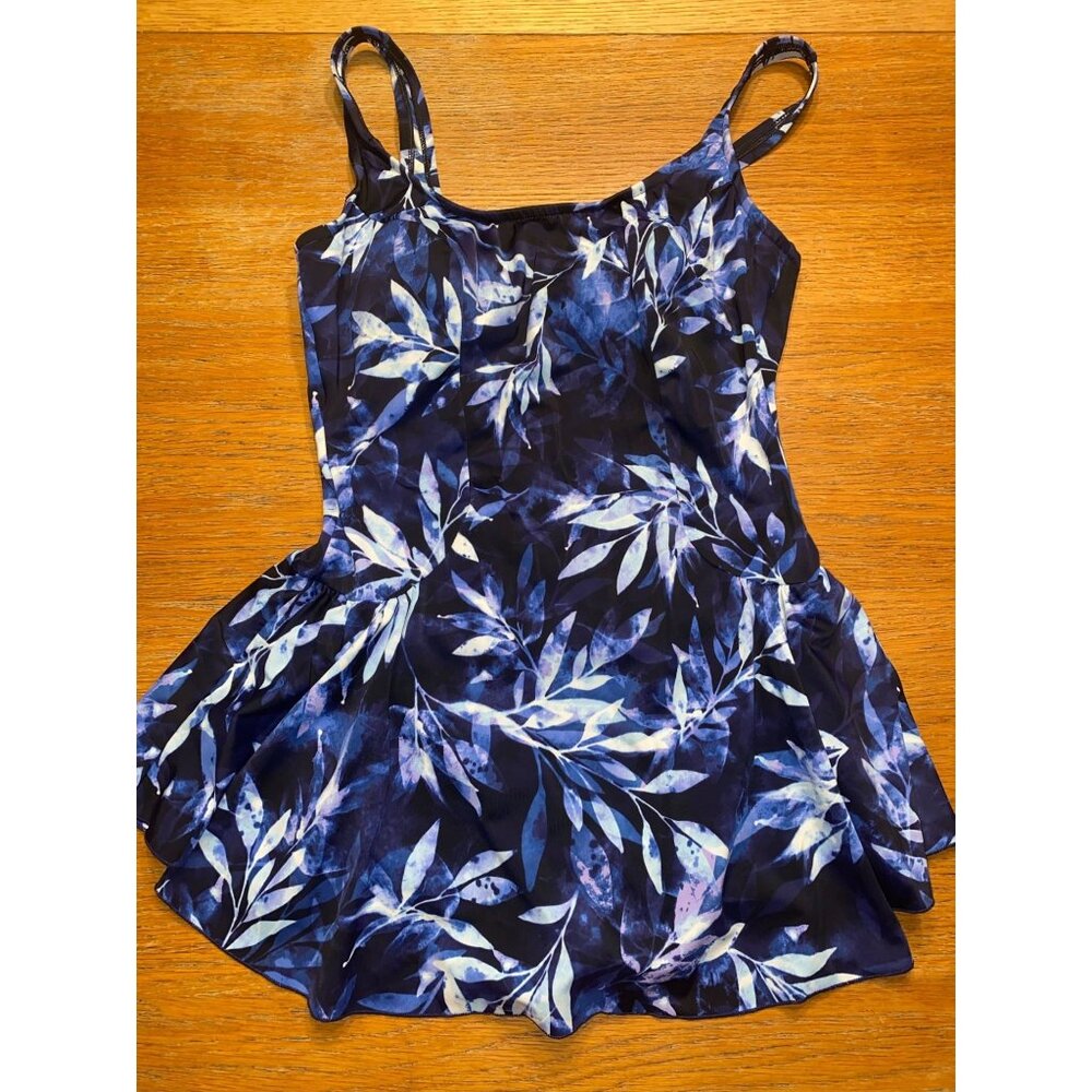Azul Floral Leaf Print Womens Swimsuit With Adjustable Straps & Flared Skirt